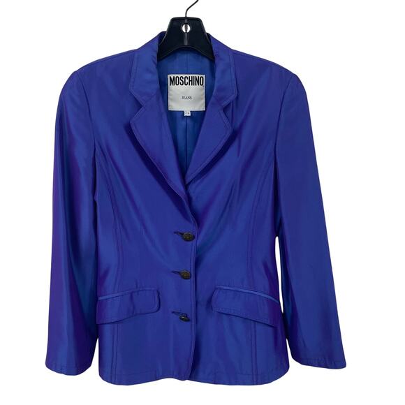 Vintage Moschino Jeans Button Front Purple Metallic Blazer Jacket Womens US 6 - Picture 1 of 7